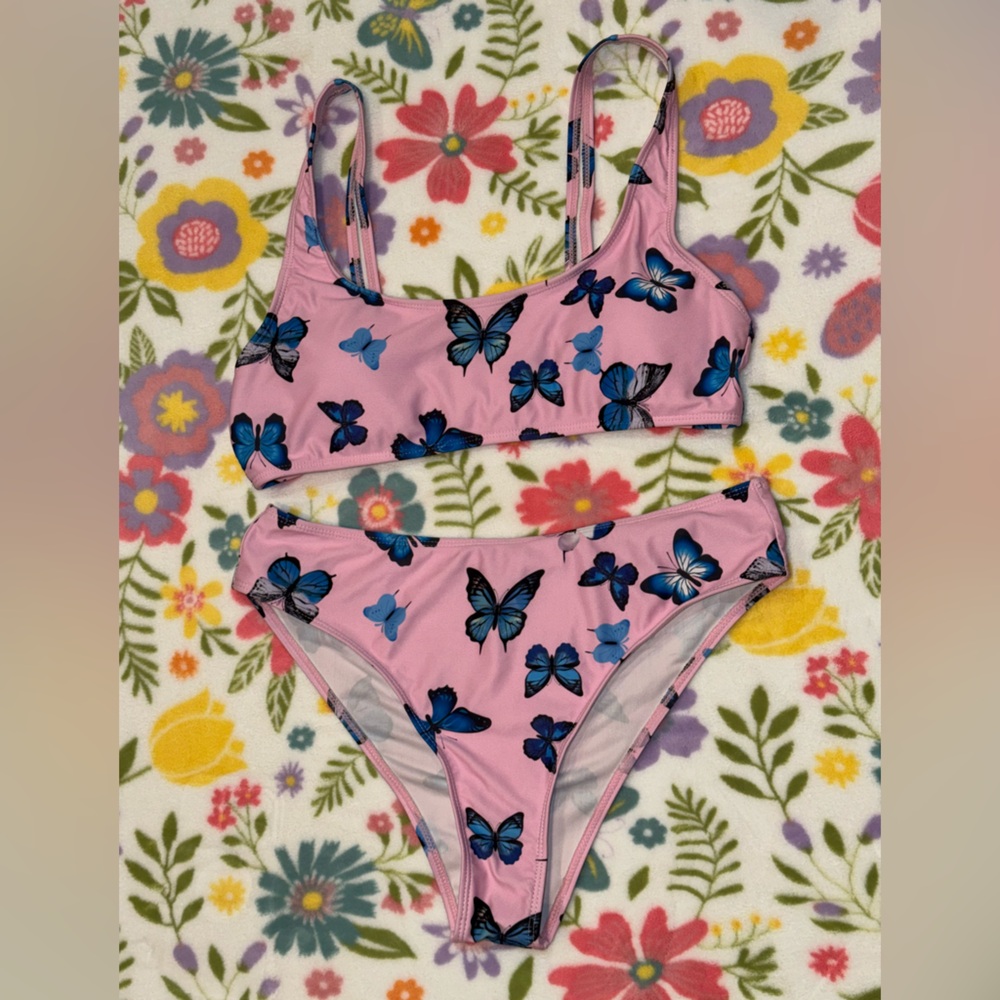 Pink Bikini Set with Blue Butterfly Print